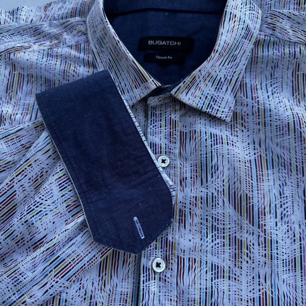 Bugatchi Button Dress Shirt Mens XL Classic Fit Bright Stripes White Feathers